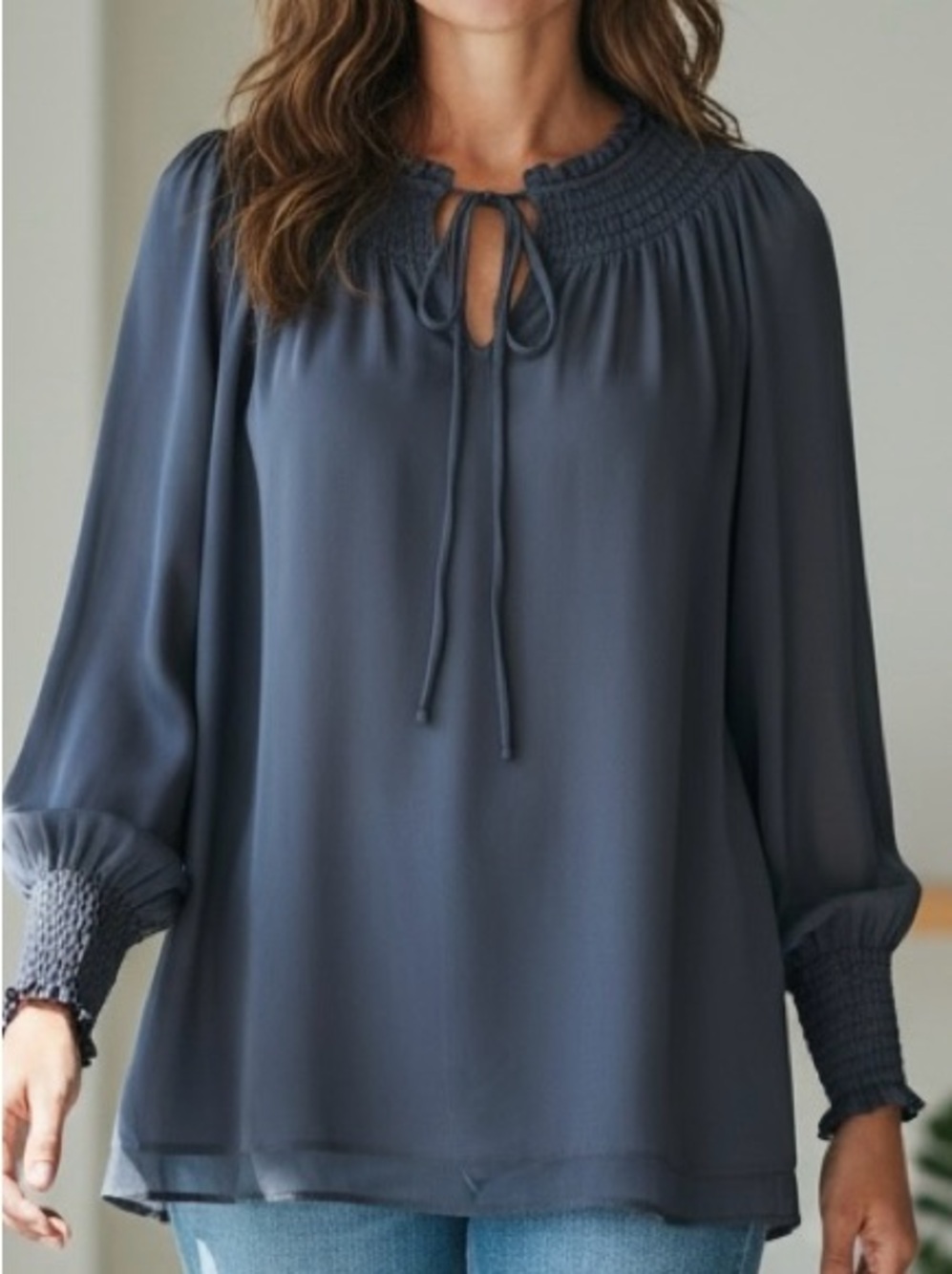 Lucky Brand Slate Blue Ruffle Tie Neck Blouse